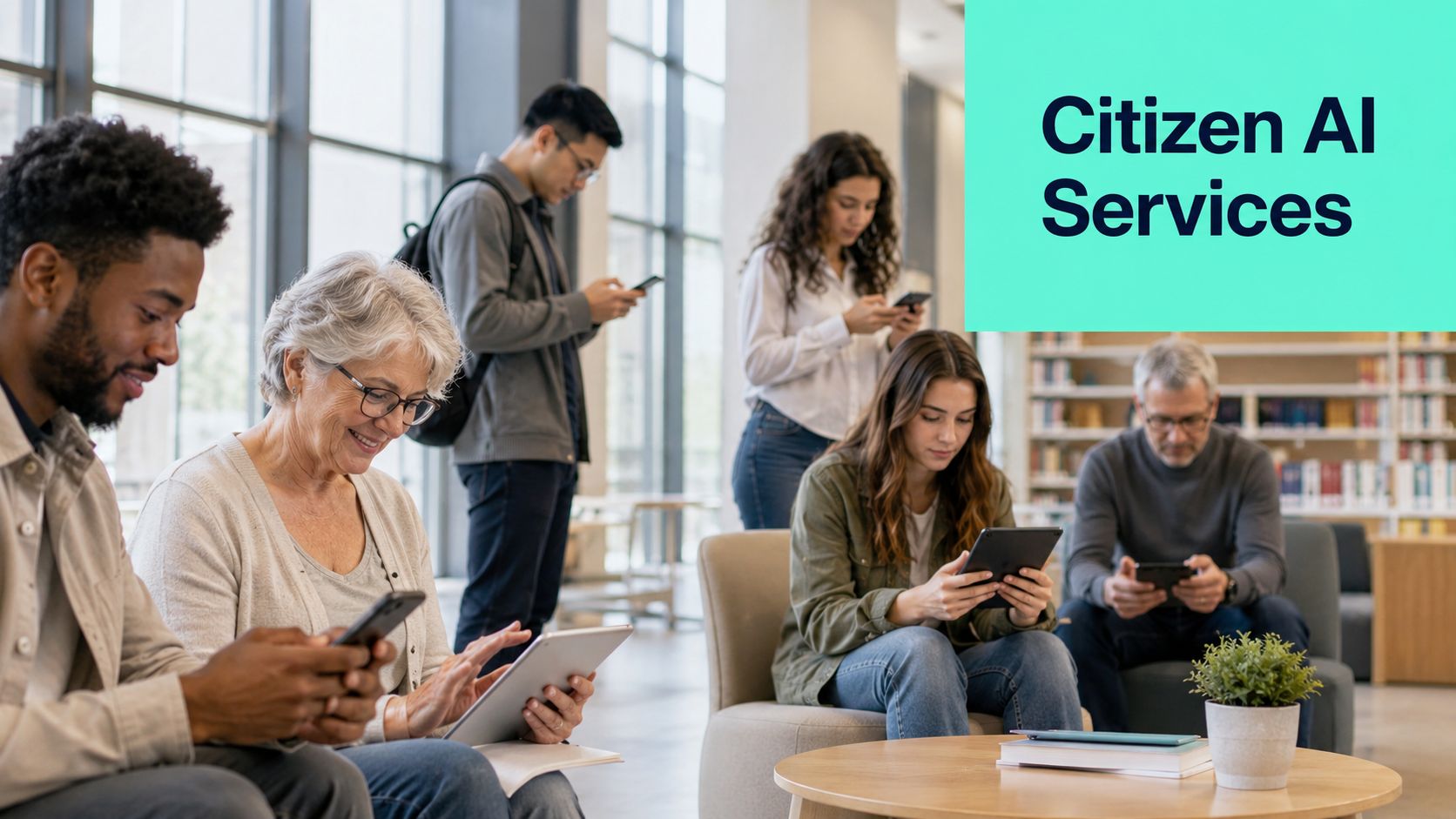 A group of diverse people sitting and standing in a public space, using digital devices.