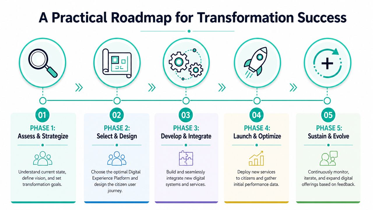A five-step roadmap illustration for public sector digital transformation showing phases from assessment to continuous evolution.