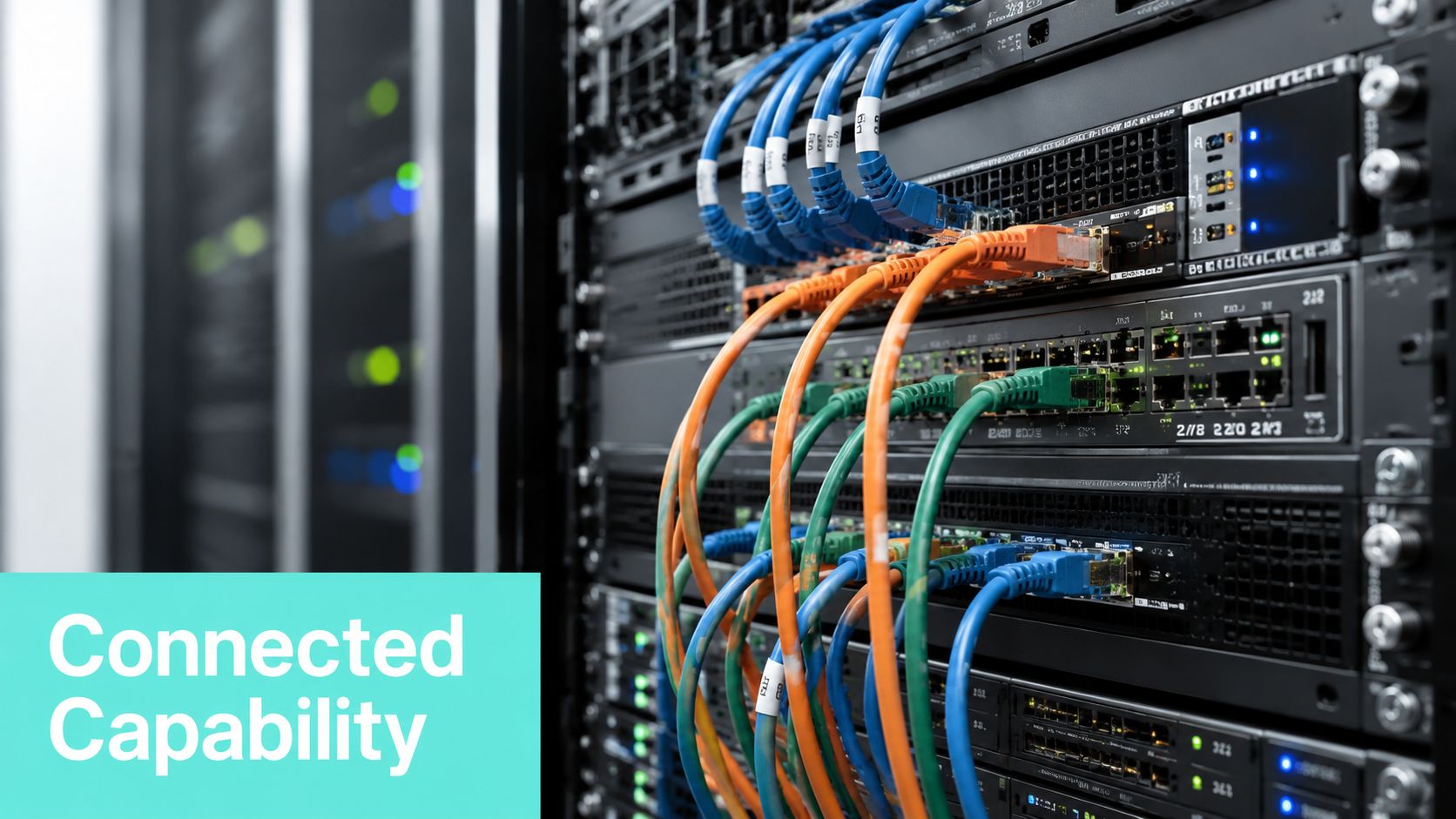 A close up view of server rack networking cables connected to enterprise grade network switches in a datacenter.