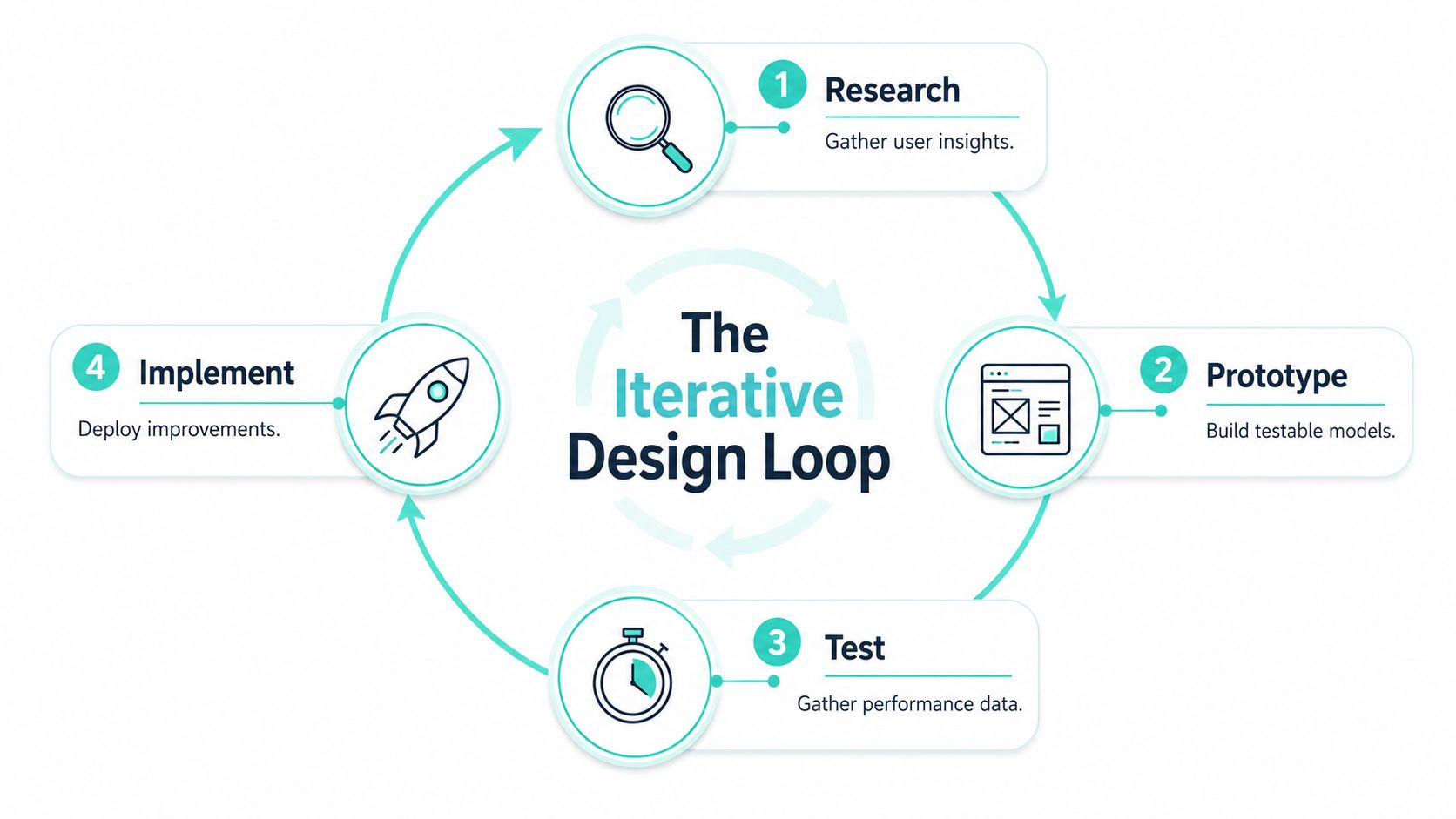 A circular diagram illustrating the four steps of The Iterative Design Loop: research, prototype, test, and implement.