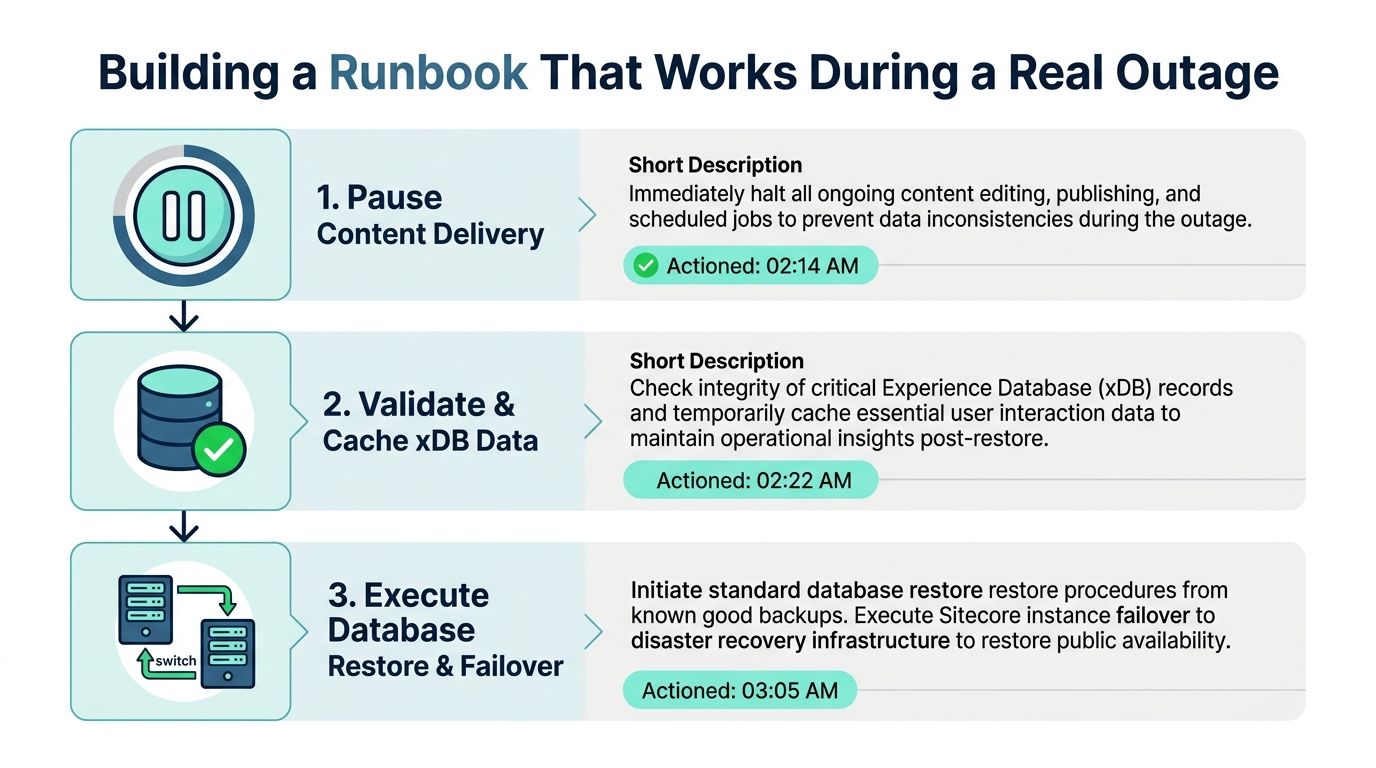 A three-step infographic titled Building a Runbook That Works During a Real Outage for disaster recovery.
