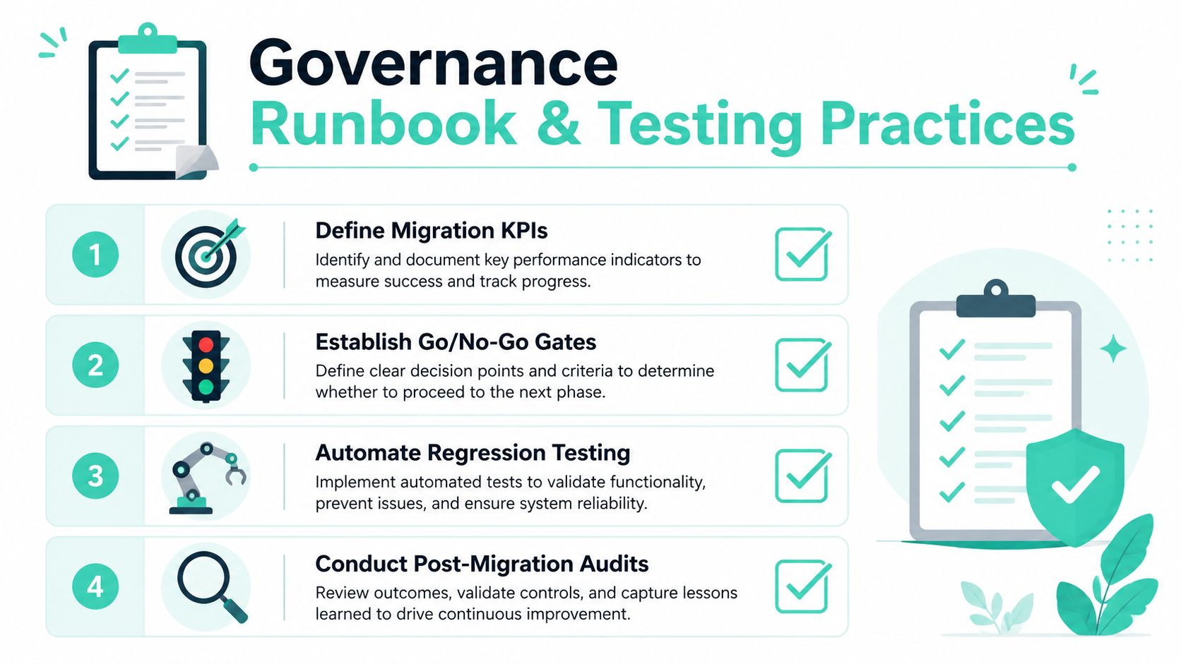 A checklist infographic illustrating four essential governance, runbook, and testing practices for successful cloud migration projects.