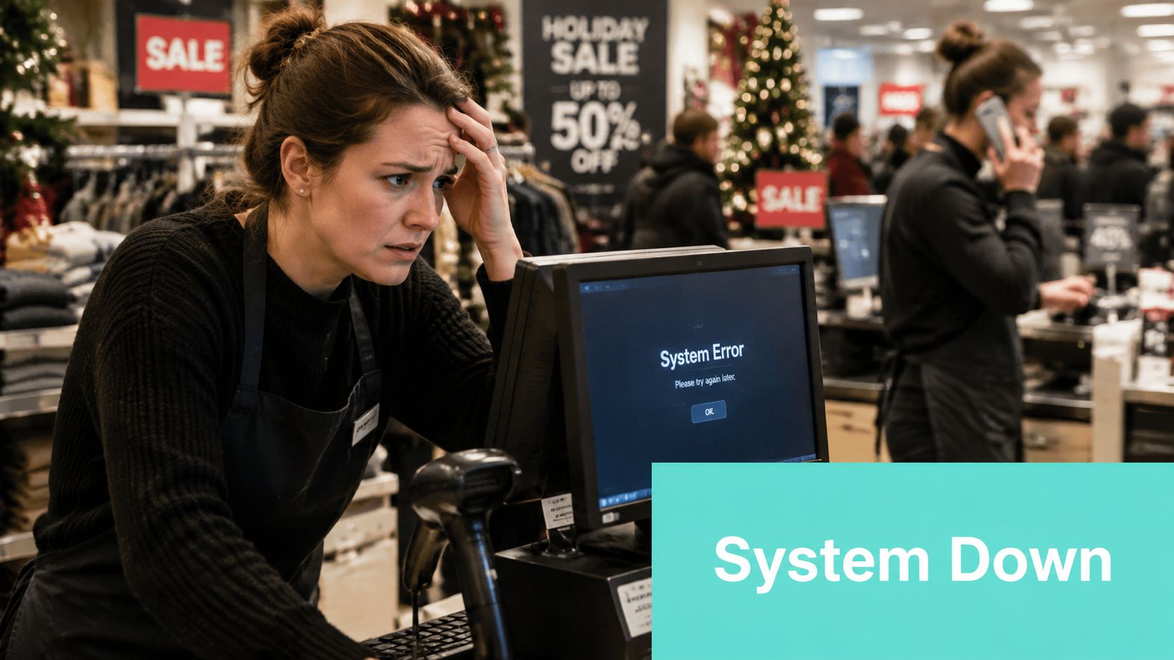 Stressed retail worker looking at a computer screen showing a system error message in a store.
