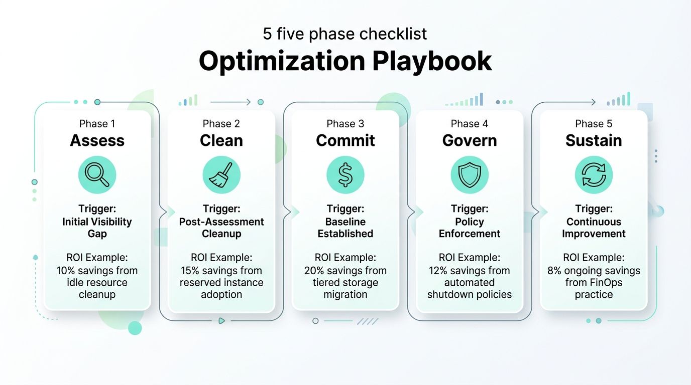 A five-phase Optimization Playbook flowchart illustrating the cloud cost reduction stages from assessment to ongoing sustainability.