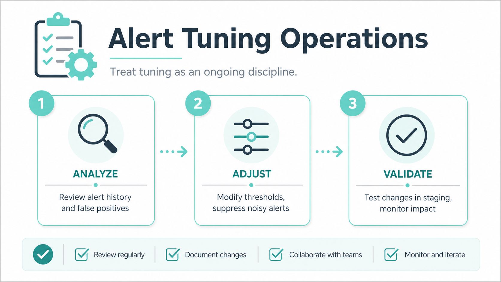 A three-step infographic illustrating a continuous cycle for managing and tuning system monitoring alerts effectively.