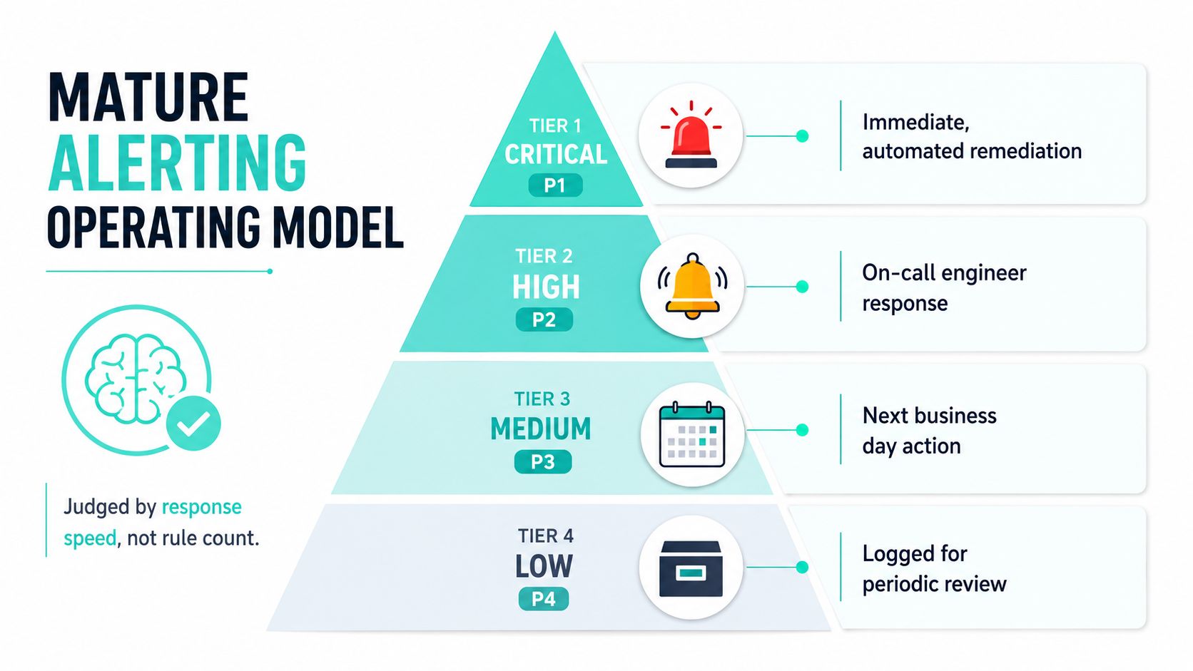 A tiered pyramid diagram illustrating a mature alerting operating model for system monitoring and incident response.