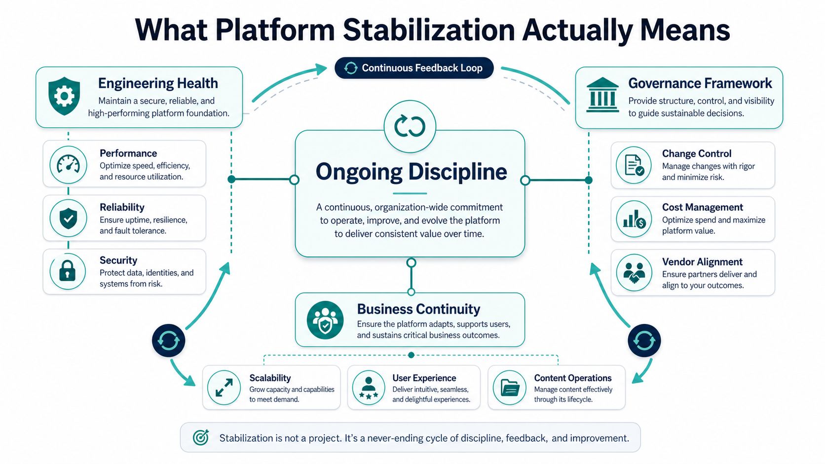 A diagram illustrating the core pillars and ongoing processes required for effective software platform stabilization and sustainability.