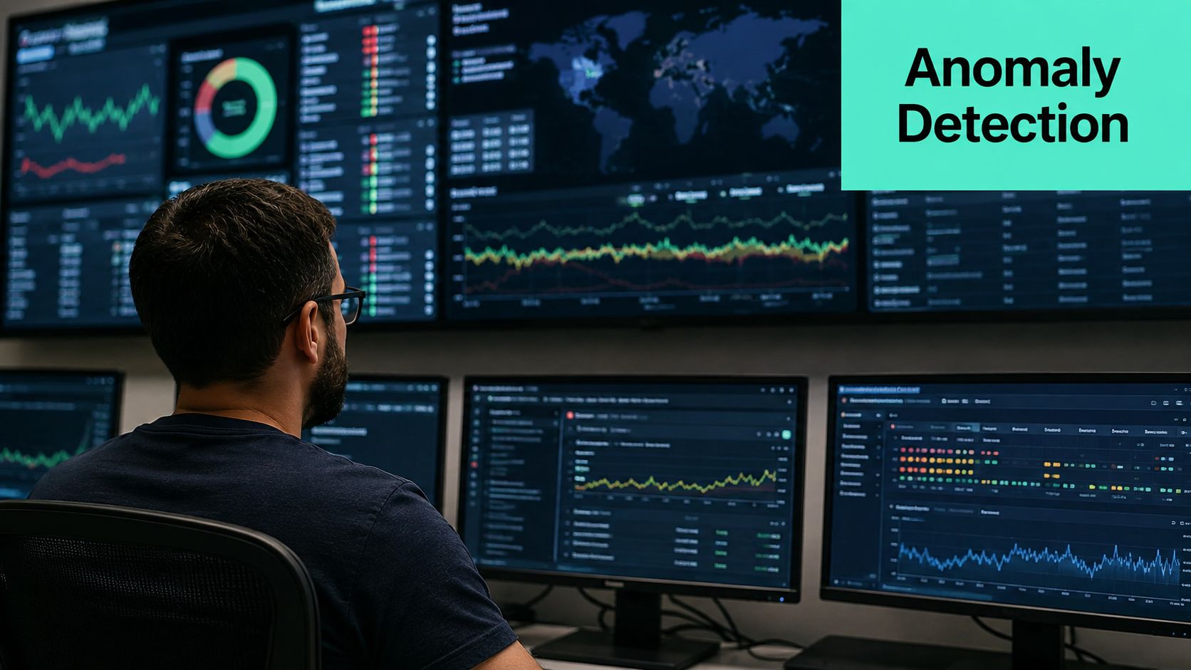 A systems engineer monitors real-time data visualizations and performance metrics on multiple screens in a dark command center.