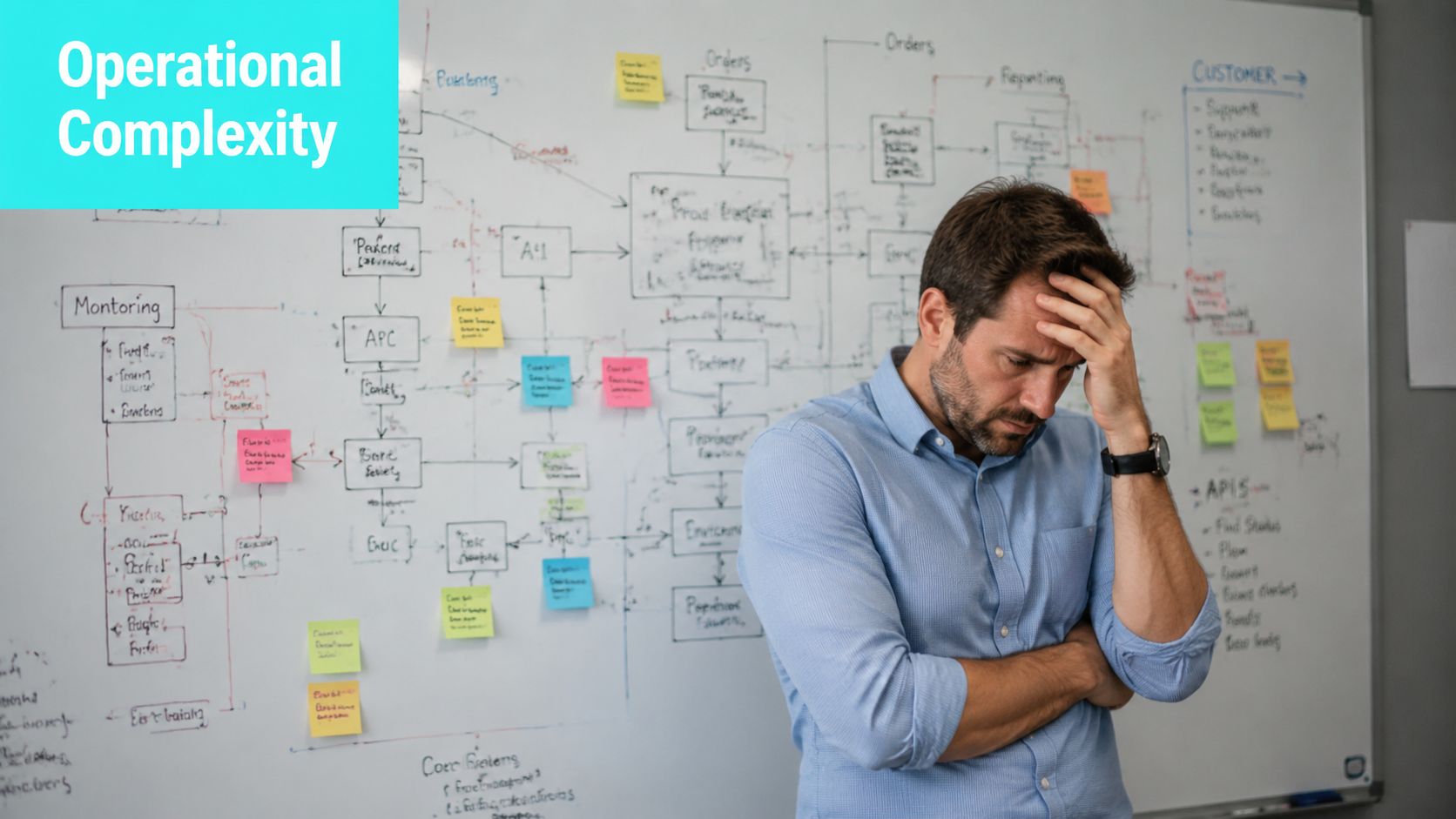 A man in a light blue shirt looking stressed while standing in front of a whiteboard full of diagrams.