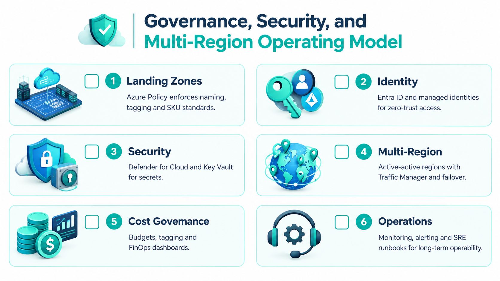 A diagram outlining the governance, security, and multi-region operating model for Azure cloud architecture components.