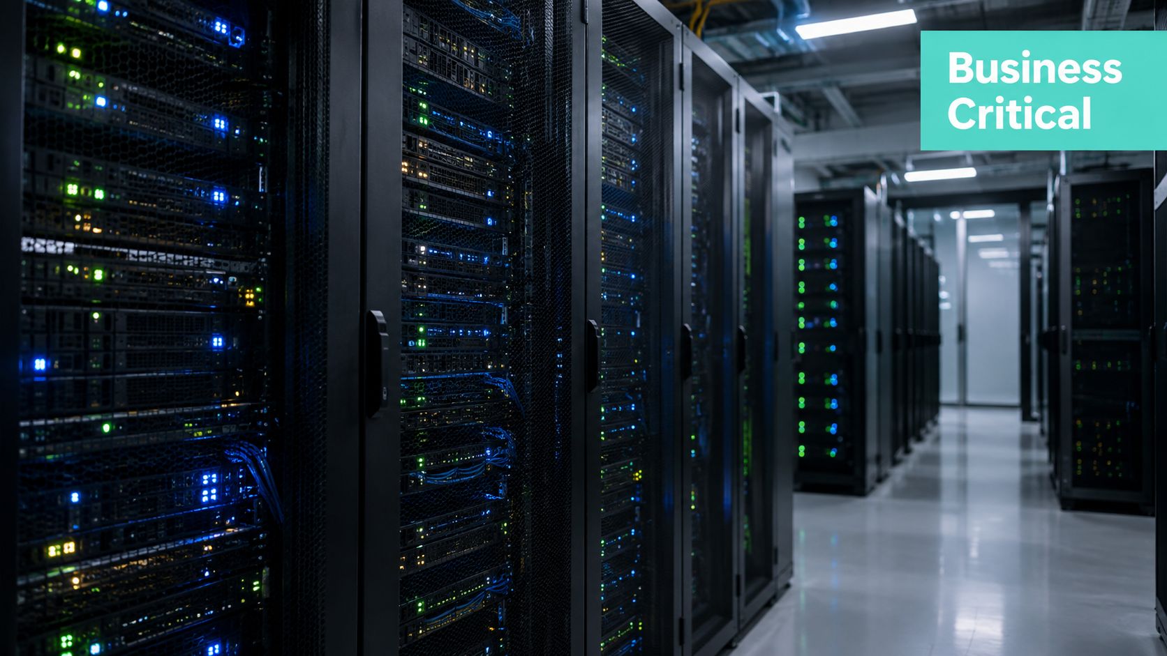 Rows of illuminated server racks inside a professional data center, representing business critical IT infrastructure.
