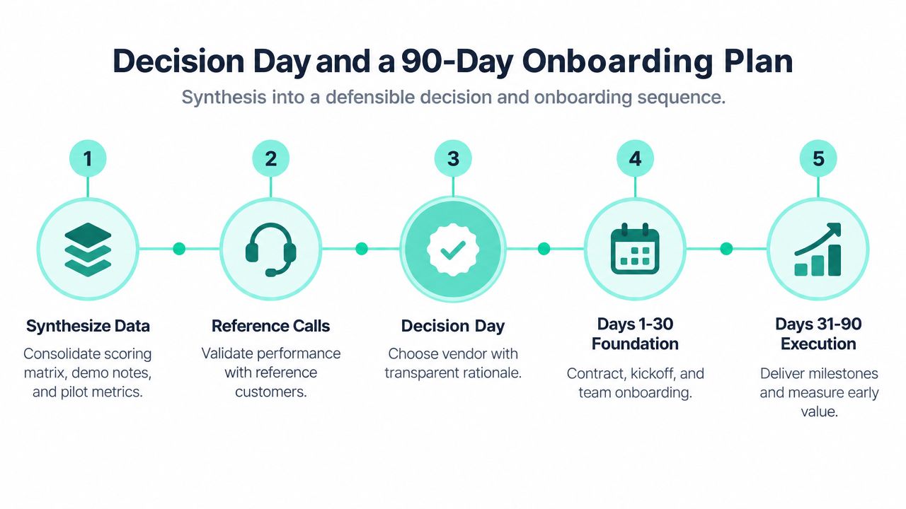 A five-step infographic illustrating a vendor selection process and a 90-day post-decision onboarding plan.