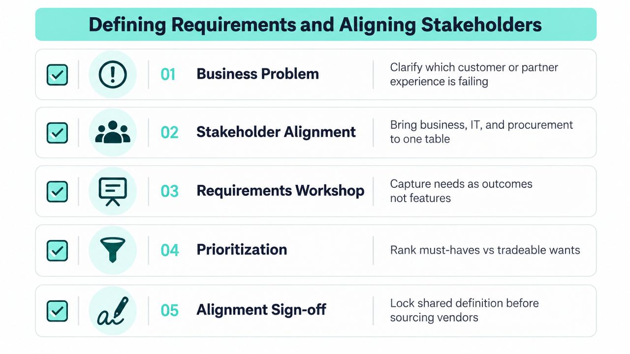 A checklist diagram outlining five key steps for defining business requirements and achieving stakeholder alignment.