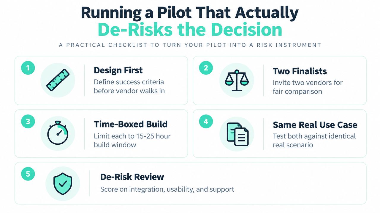 A five-step infographic showing a structured process for evaluating vendors during a pilot to minimize business risk.