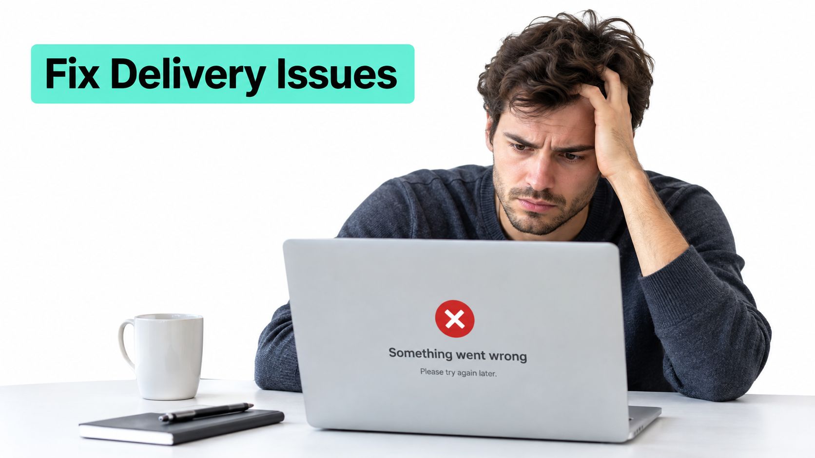 A frustrated man looking at a laptop computer displaying an error message about a delivery issue.