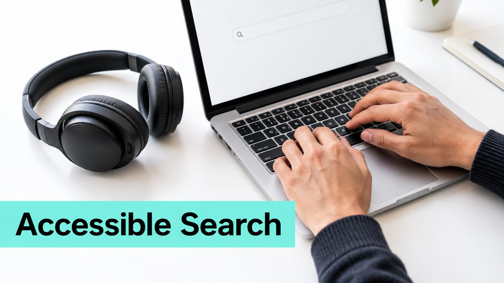 A person using a laptop and headphones for accessible searching on a clean white desk workspace.