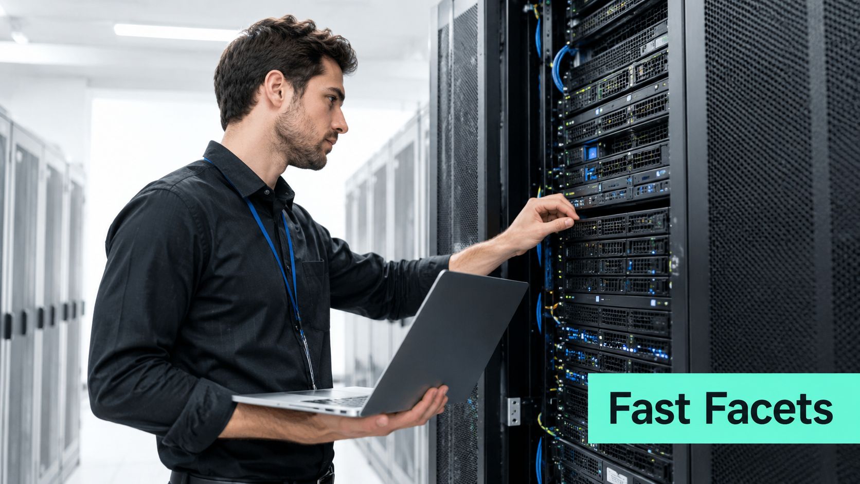 A professional IT technician working on a server rack in a data center with a laptop.