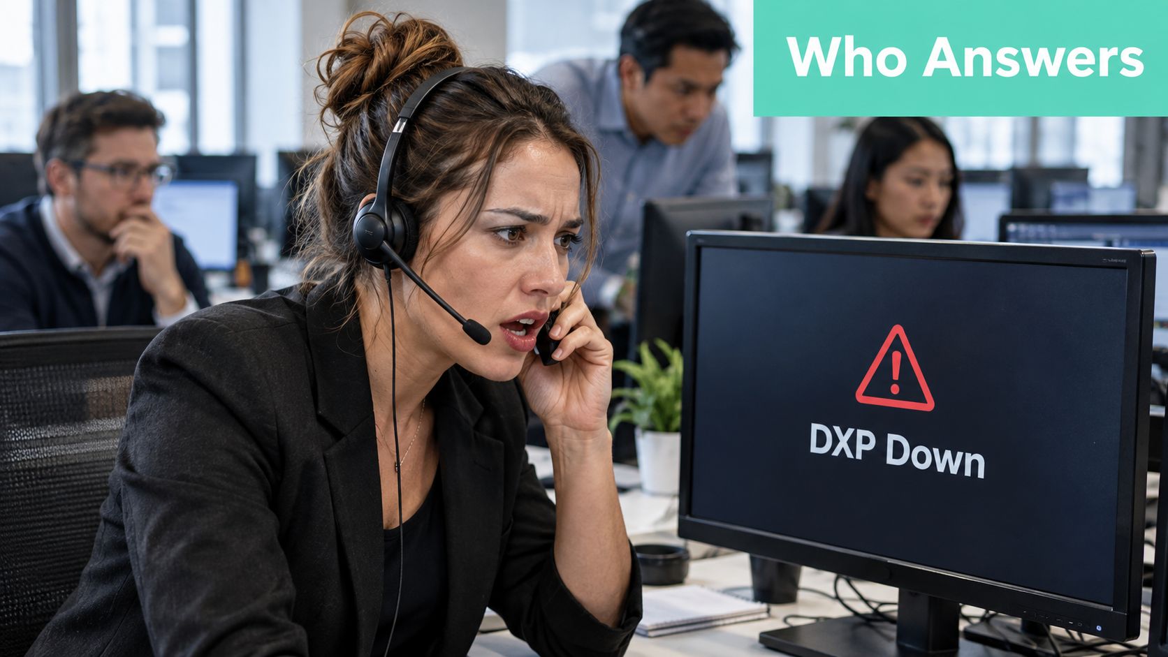A professional woman in a headset looking concerned while working at a computer with an error message.