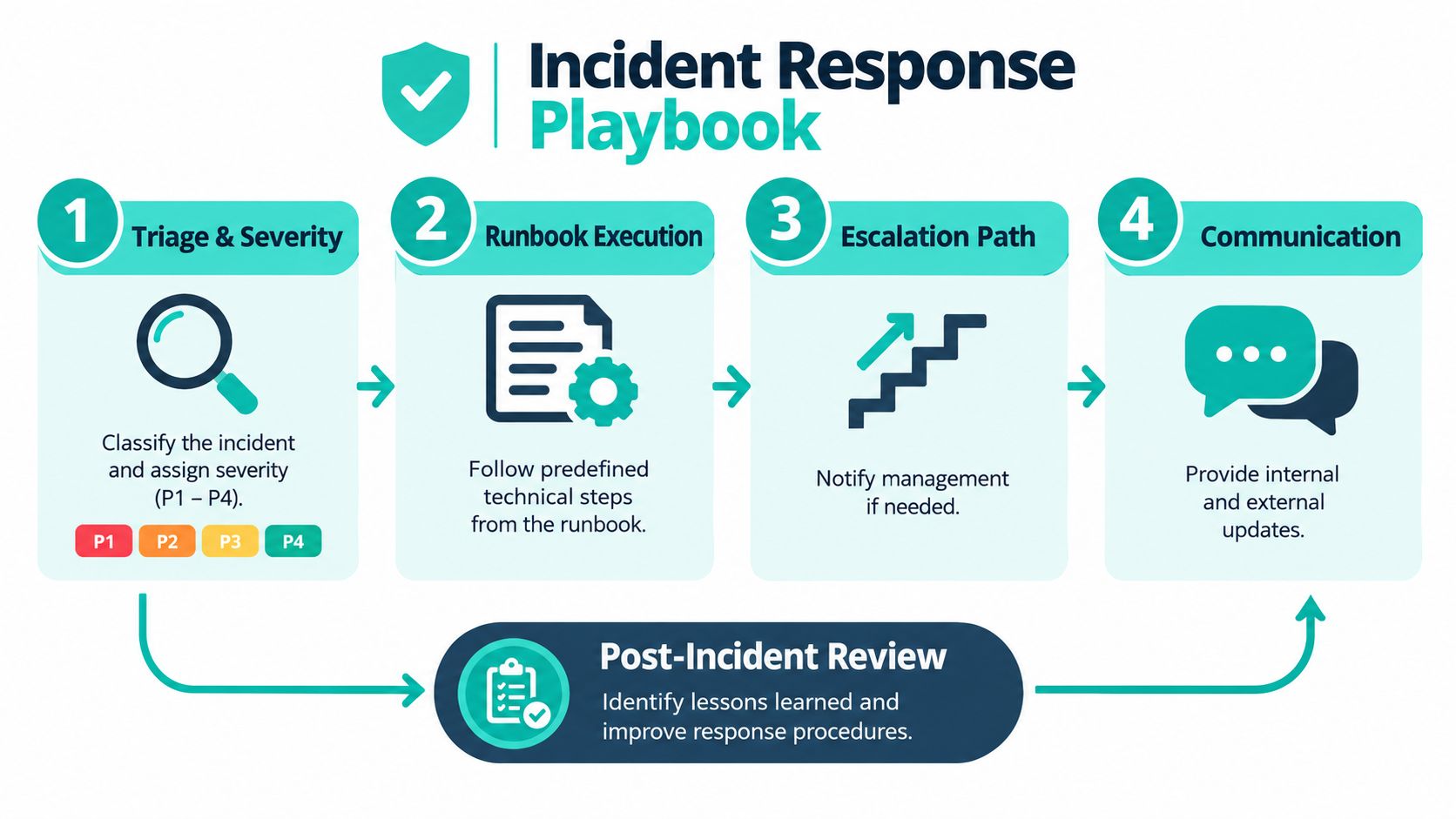 A four-step incident response playbook infographic outlining the process from triage to post-incident review.