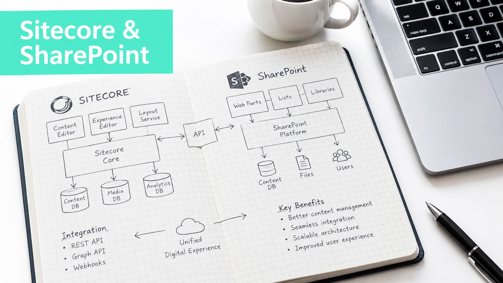 A hand-drawn diagram in a notebook illustrating the integration architecture between Sitecore and Microsoft SharePoint platforms.