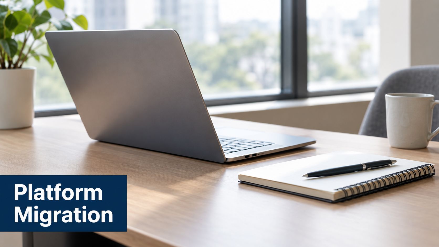 A modern workspace featuring a laptop, notebook, pen, and coffee cup on a wooden desk.