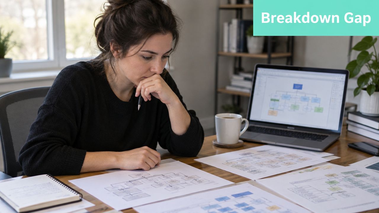 A woman working at a wooden desk with organizational charts and a laptop in a bright office.