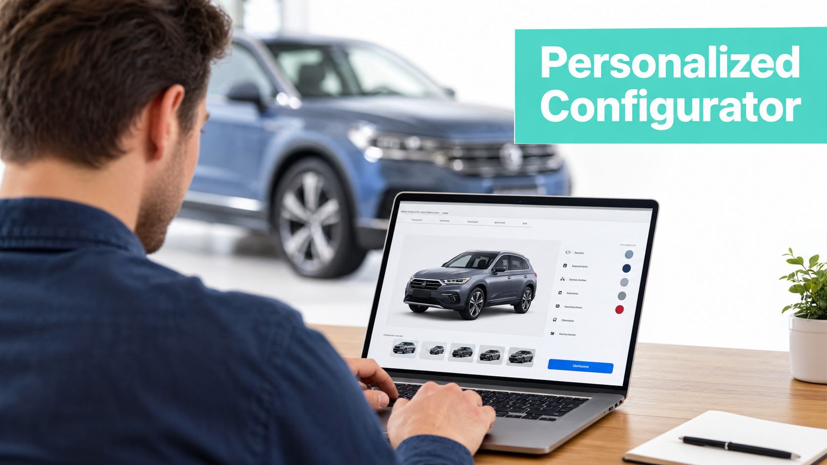 A man using a laptop to customize a car configuration while sitting at a wooden desk.