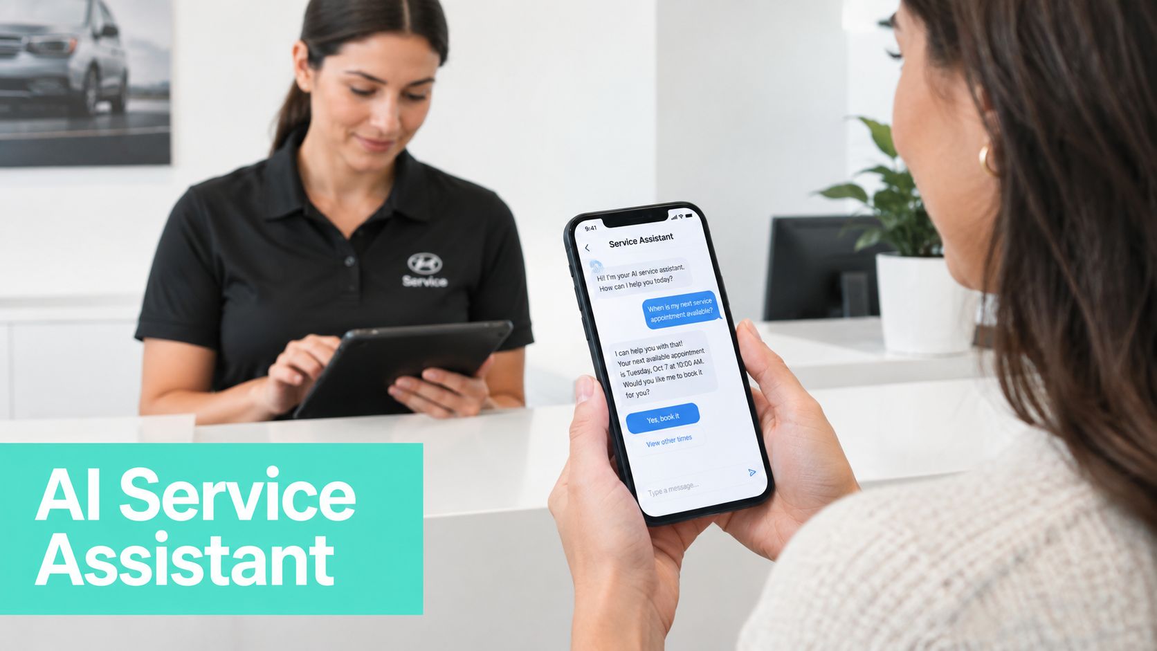 A customer uses an AI service assistant app on their smartphone at a car dealership service counter.