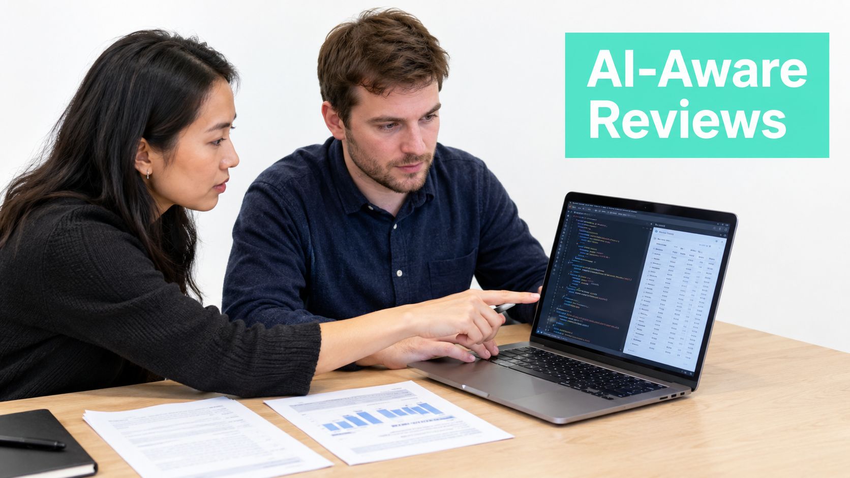 A man and a woman sitting at a desk collaborating on a code review using a laptop.