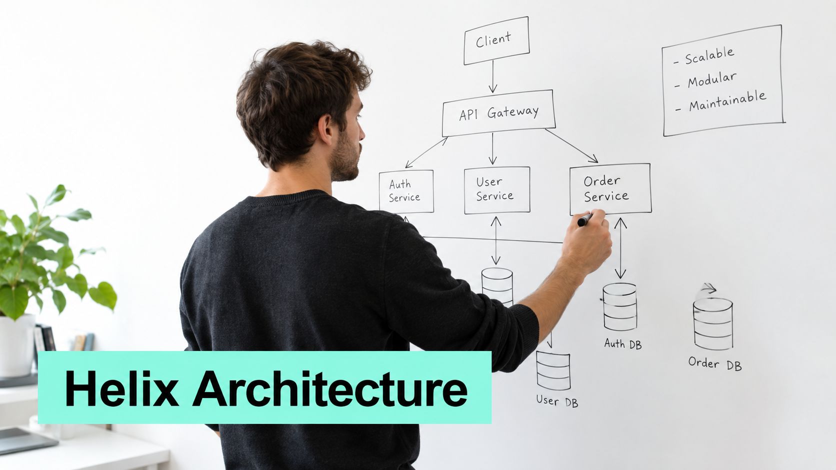 A person drawing a microservices architecture diagram on a whiteboard, illustrating system components and design goals.