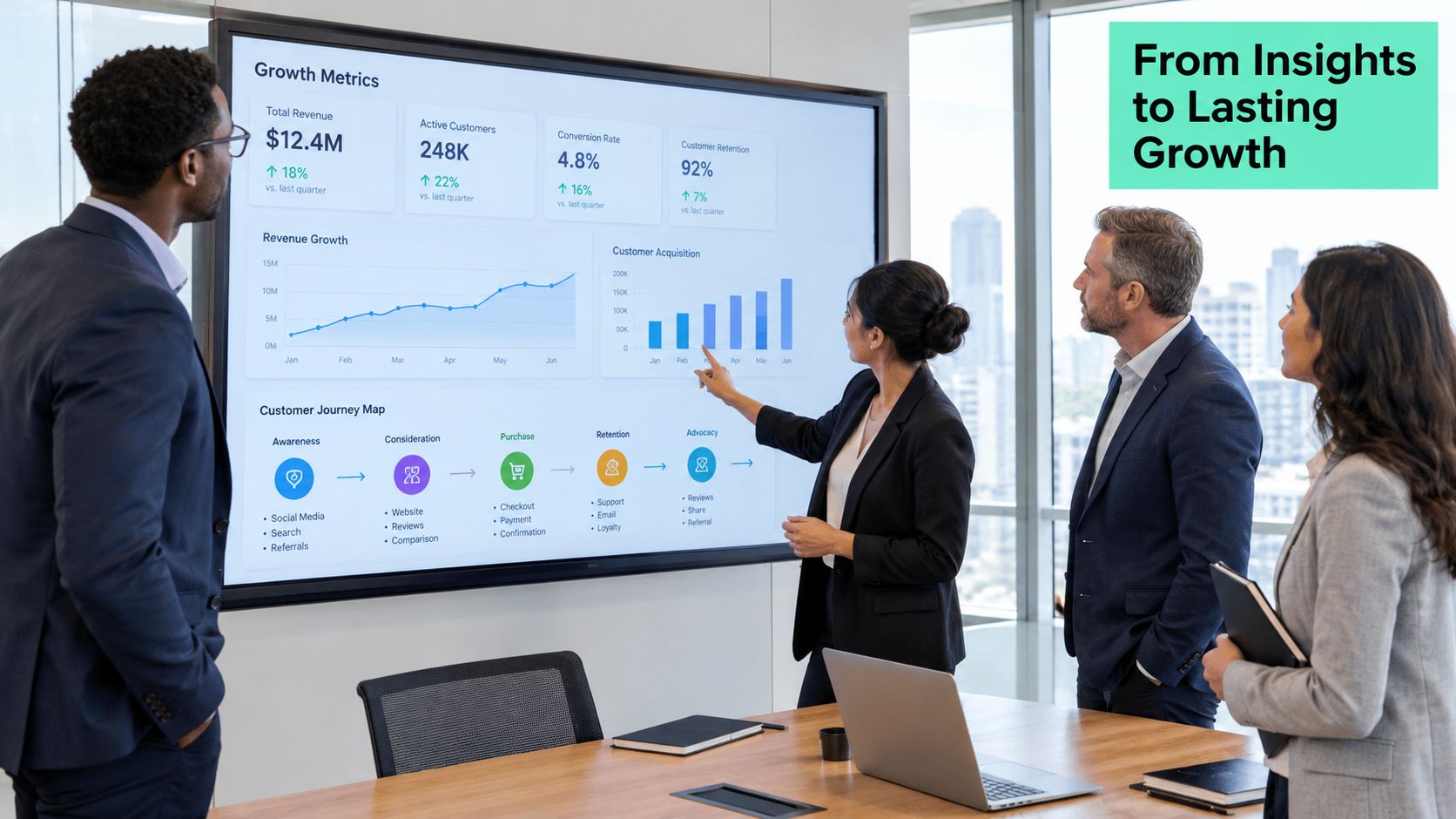 A professional team discussing business growth analytics and customer journey strategies on a large digital screen.