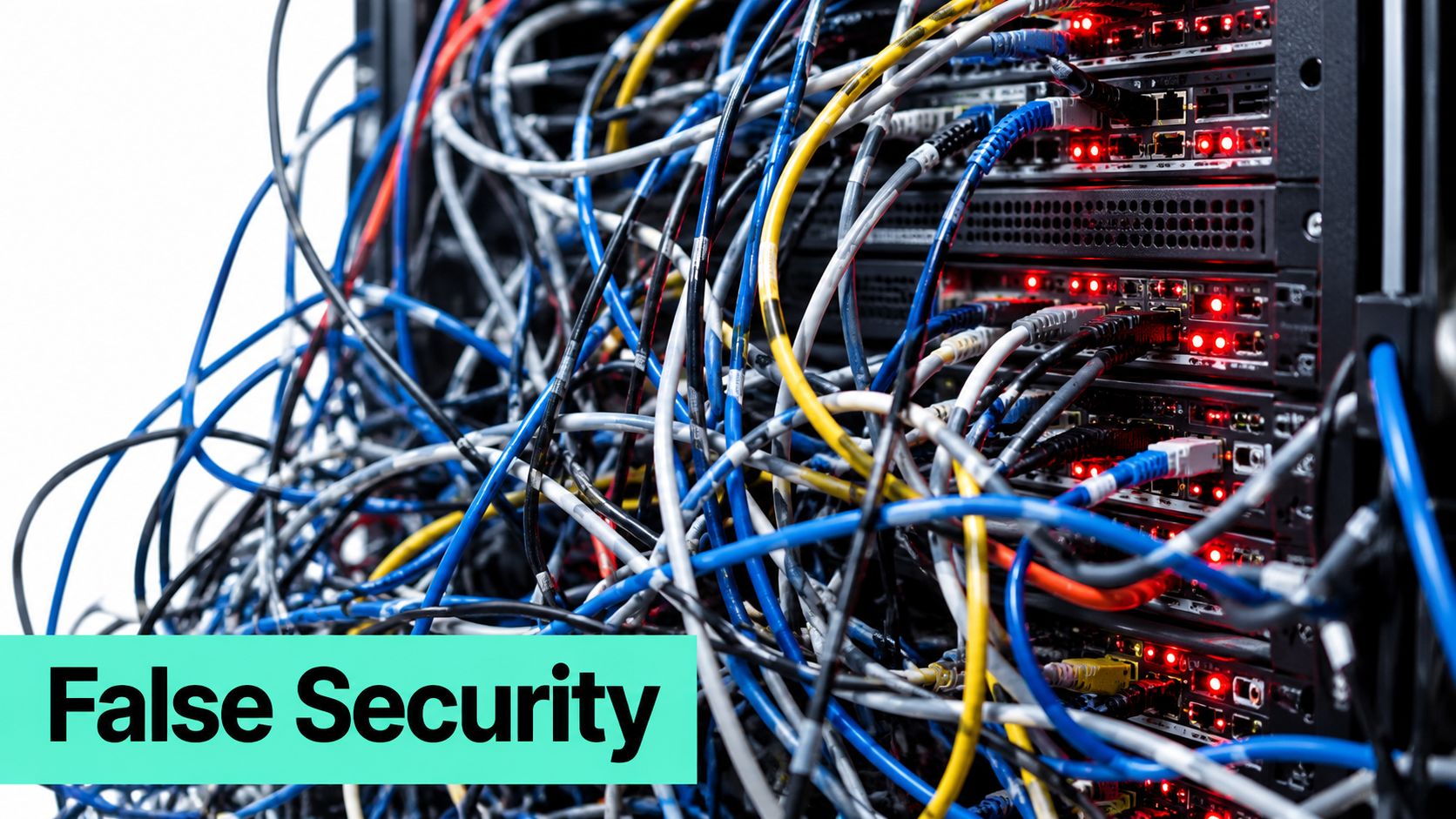 A chaotic tangle of colorful network cables connected to a server rack, representing disorganized IT infrastructure management.