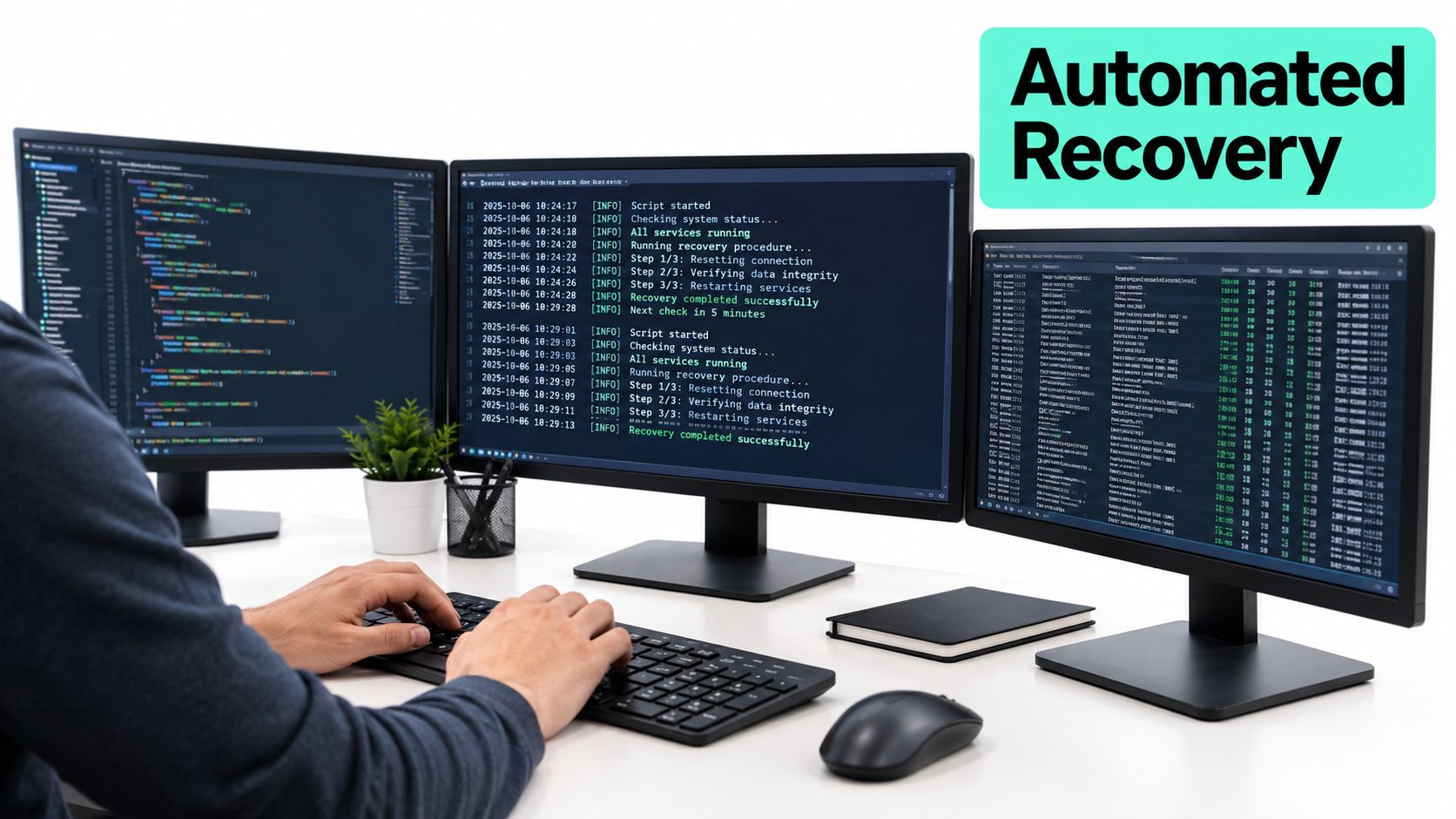 A professional software developer working on multiple monitors displaying automated system recovery logs and complex code.