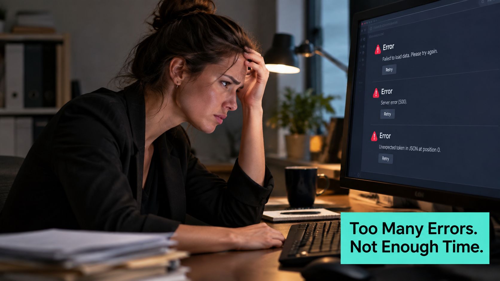 A stressed woman sitting at a desk late at night looking at computer error messages.