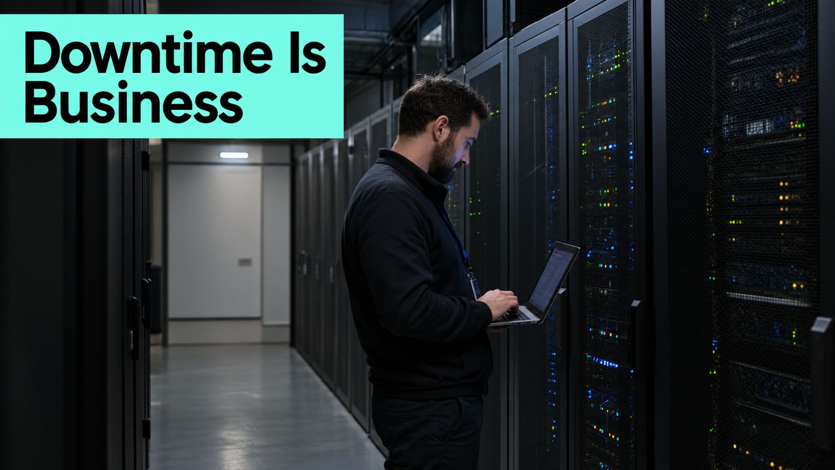 An IT technician working on a laptop while standing in a modern data center server room.