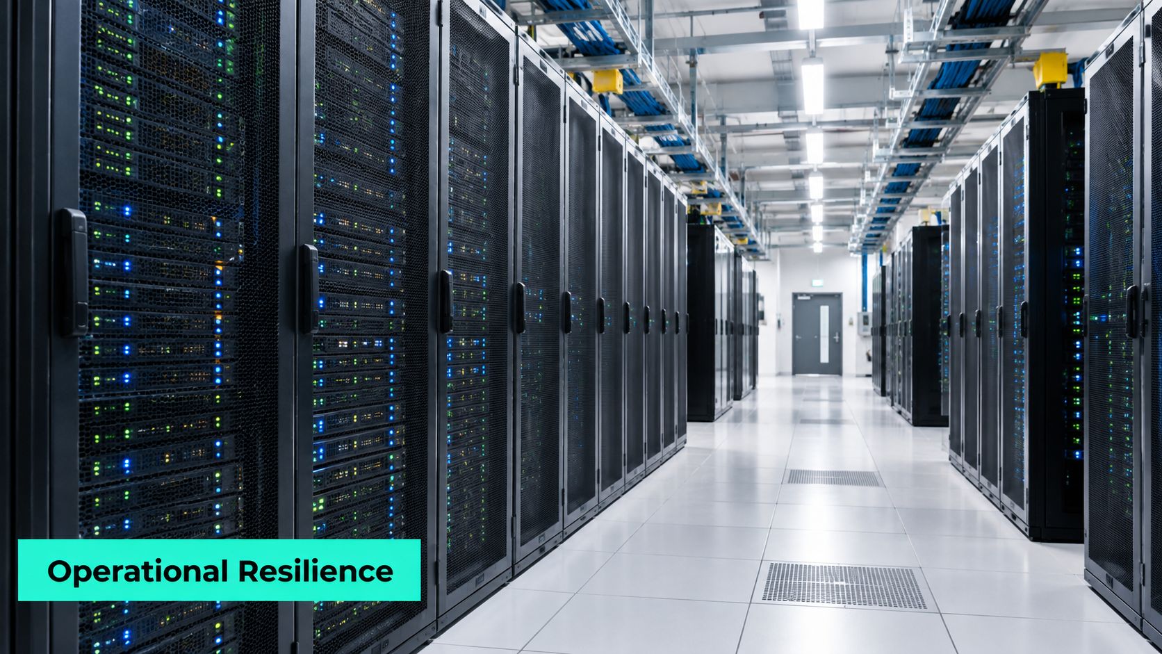 A modern data center aisle with rows of black server cabinets and blue indicator lights on.
