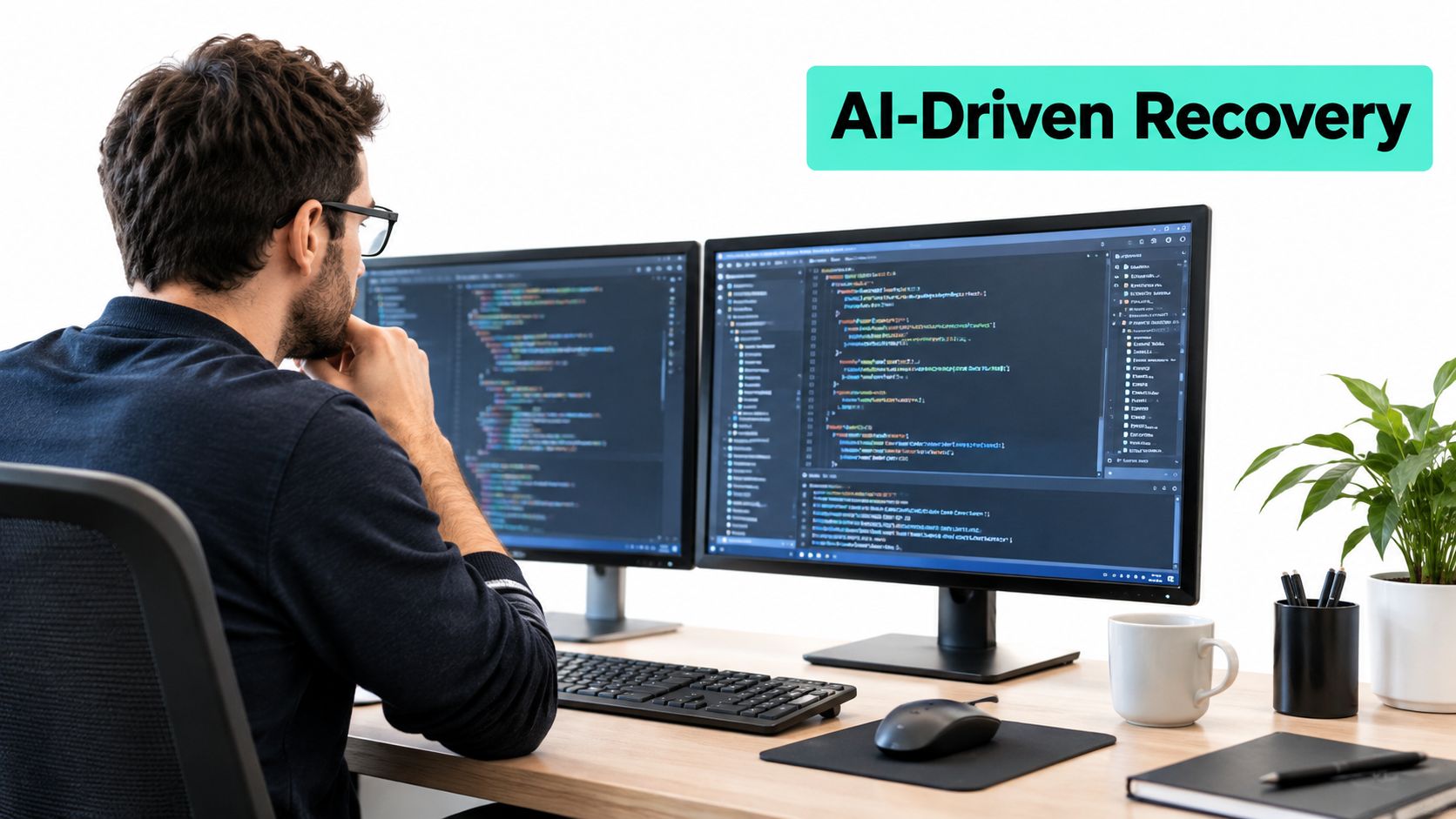A professional software developer sitting at a desk with two computer screens showing code for AI-driven recovery.