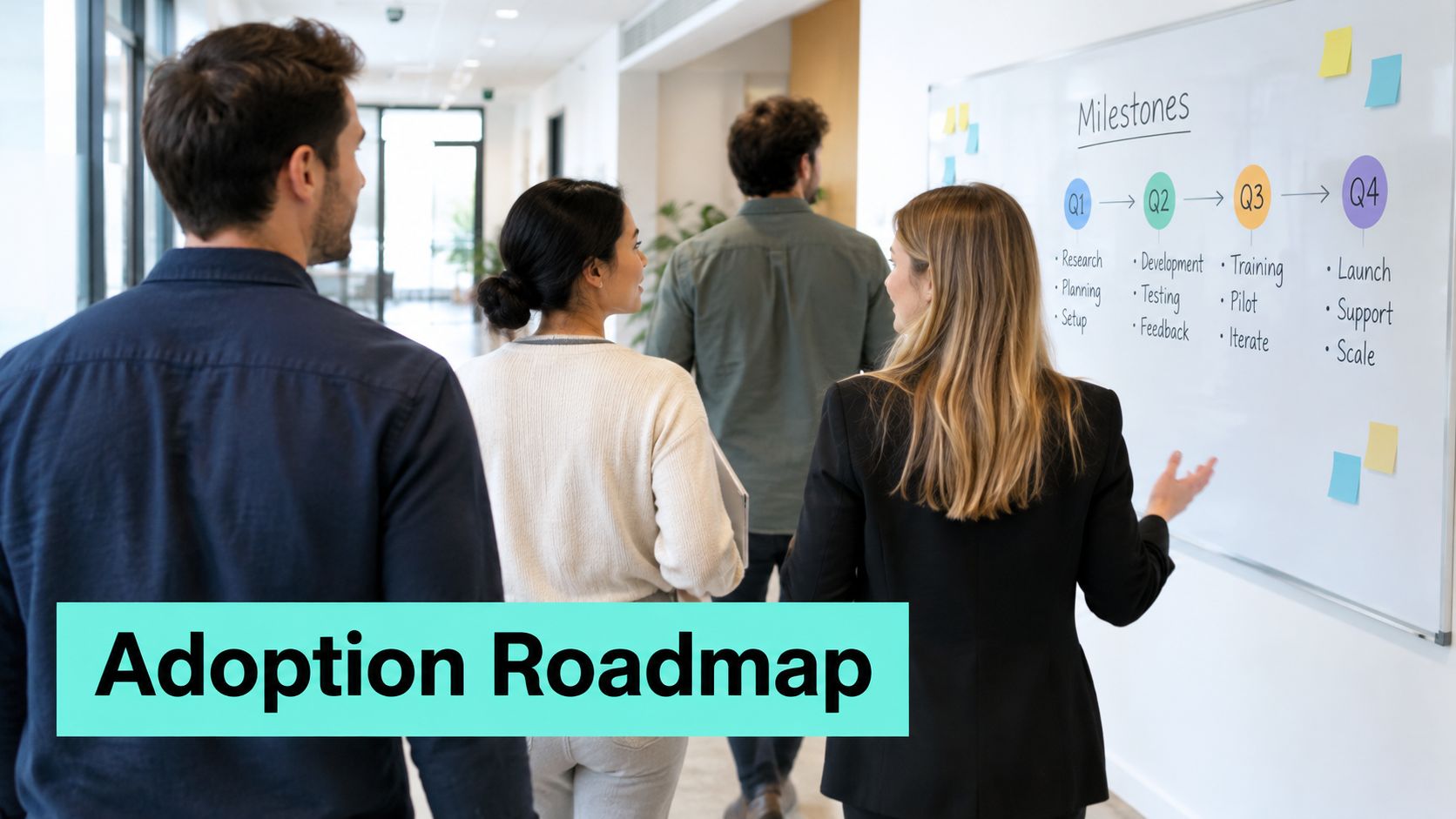 A professional team collaborating on an adoption roadmap project milestone chart on a whiteboard in an office.