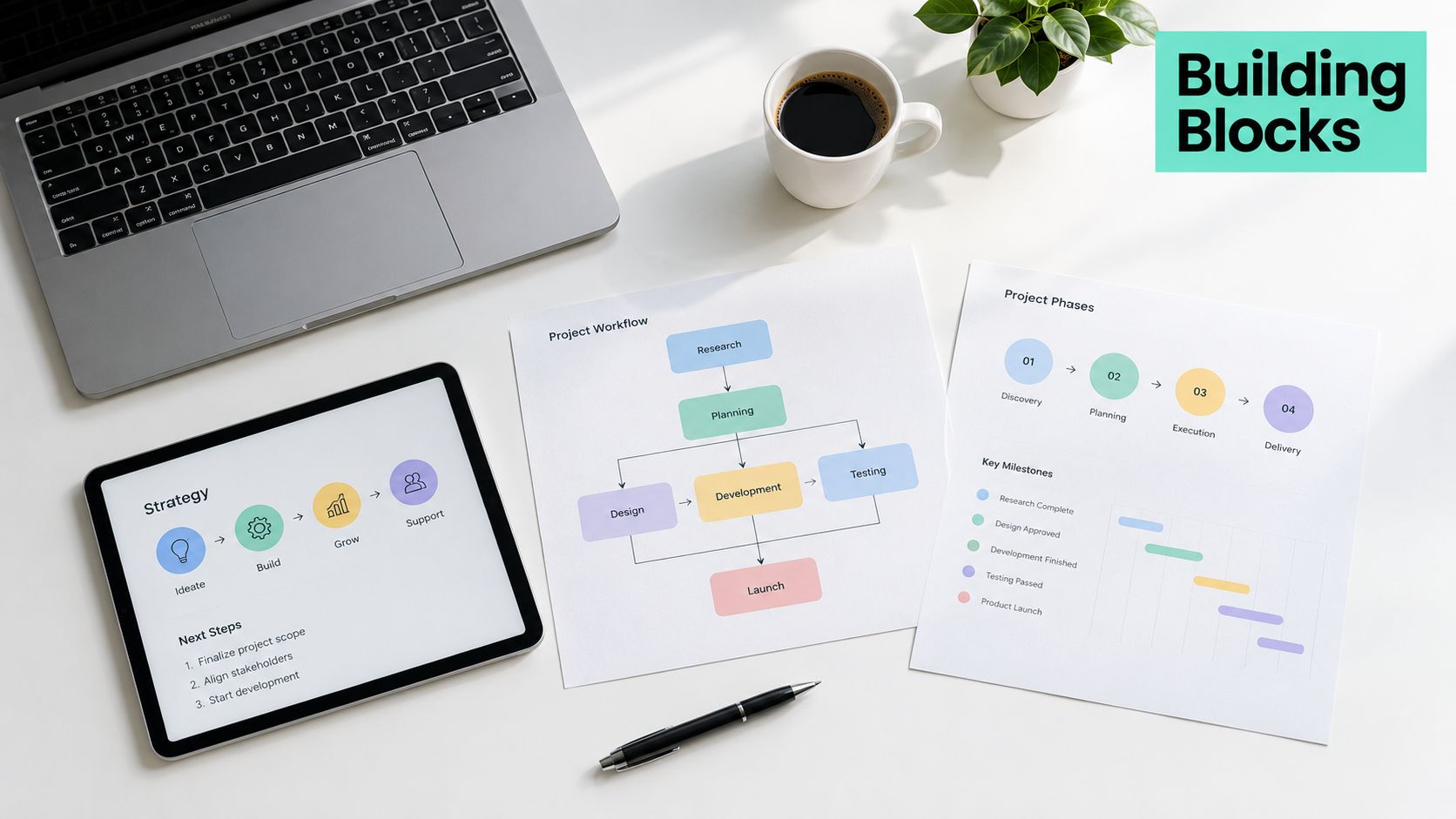 A professional desk setup with a laptop, tablet, documents showing project workflows, and a cup of coffee.