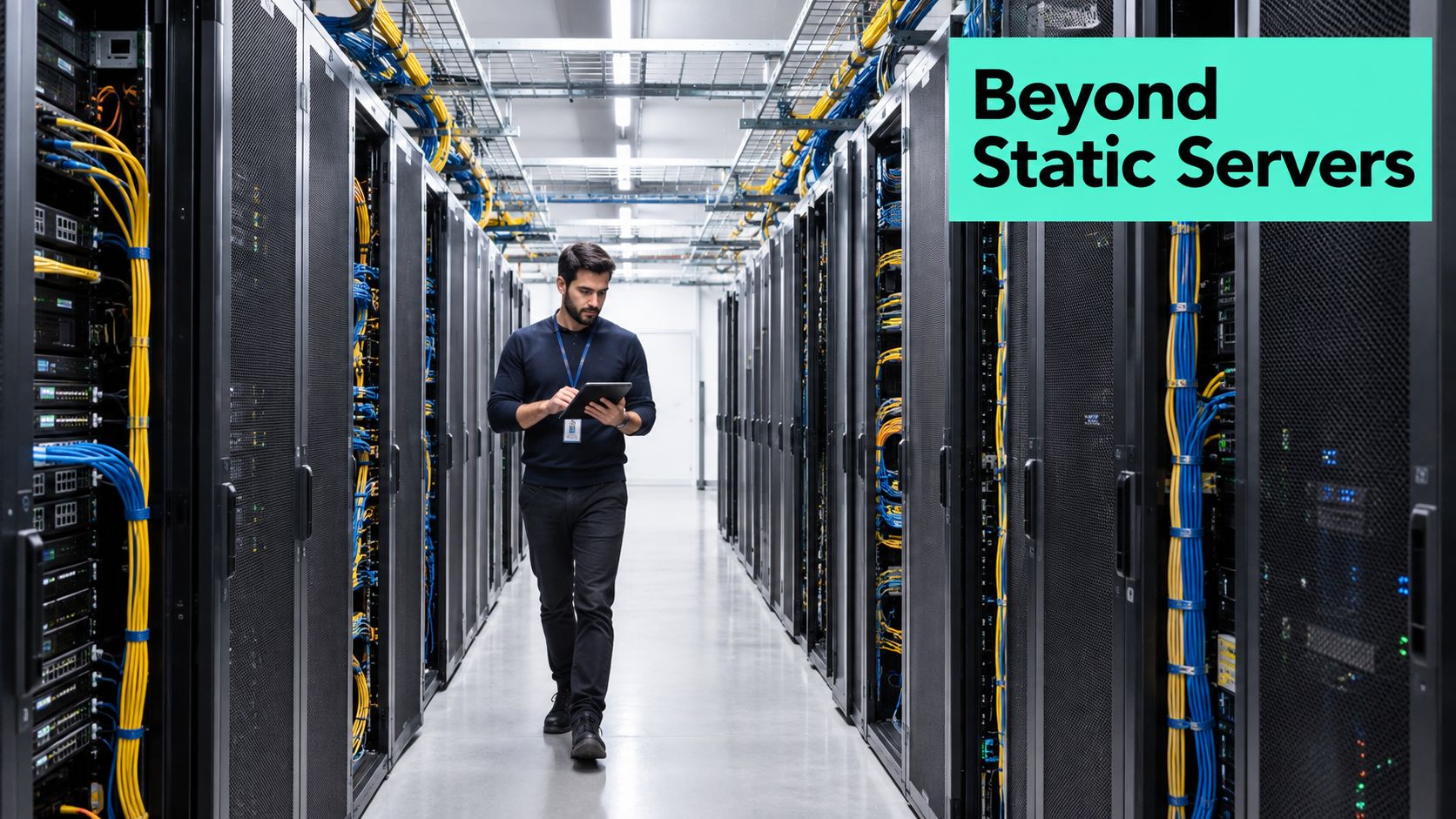A data center technician walking through server aisles while reviewing configurations on a digital tablet device.