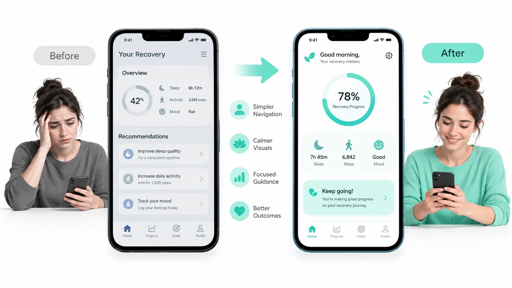 A comparison of mobile application UI designs showing a stressful user experience vs a calm, improved recovery app interface.