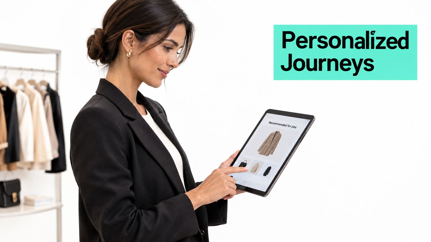 A professional woman in a black blazer browsing personalized shopping recommendations on a tablet device.