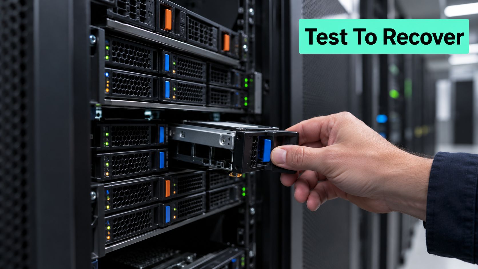A technician inserts a hard drive into a server rack to perform a disaster recovery test.