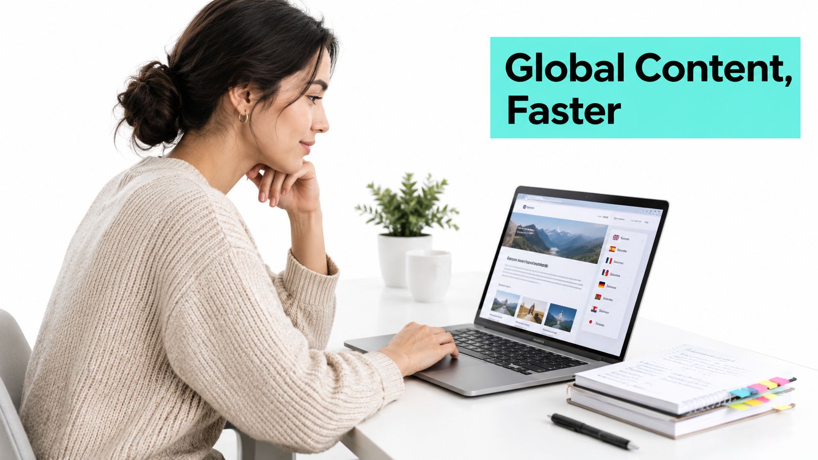 A woman working on a laptop with a screen displaying global website content translation options.