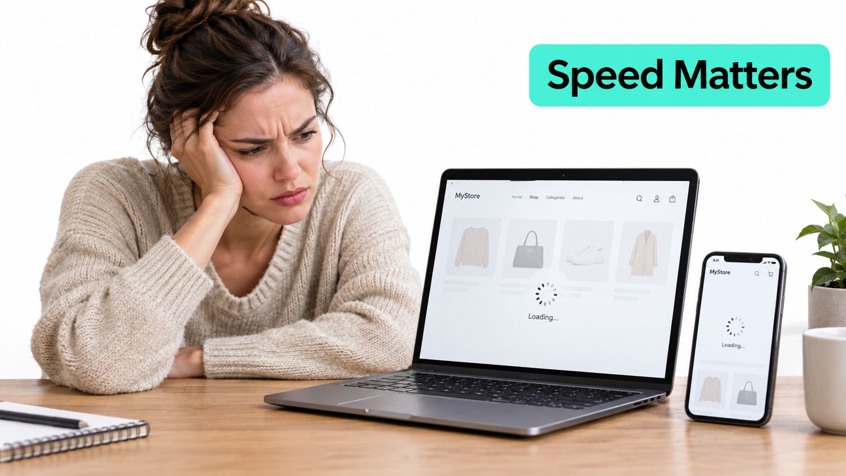 A woman looks frustrated at a slow loading e-commerce website on her laptop and smartphone screens.