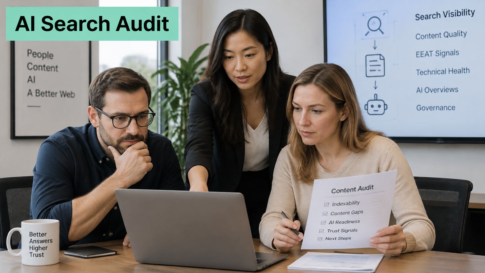 A professional business team collaborating on an AI search audit strategy in a modern office environment.