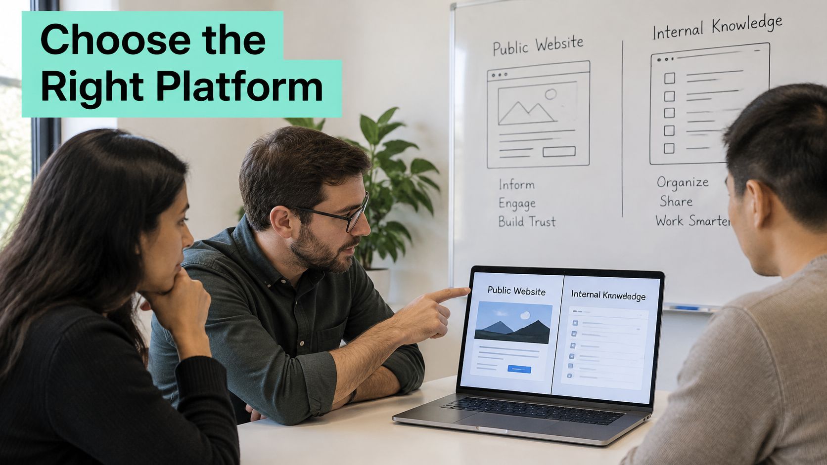 A professional team discussing website and internal knowledge management strategies while looking at a laptop screen.