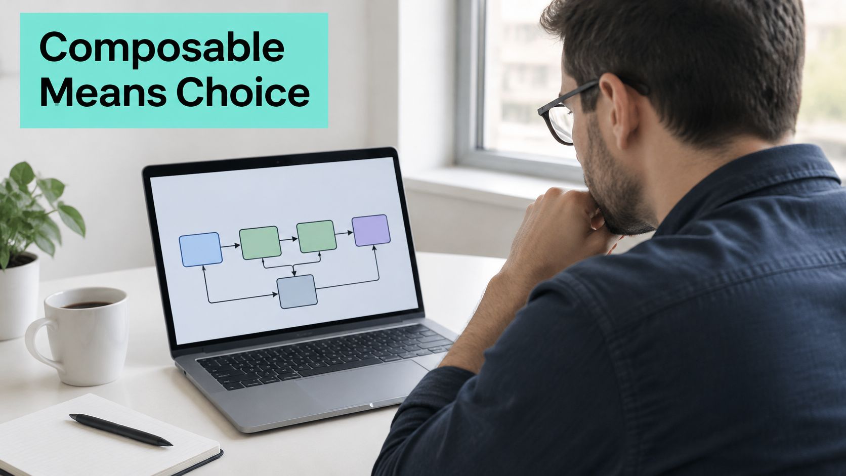 A person viewing a business workflow diagram on a laptop while sitting at a clean desk.