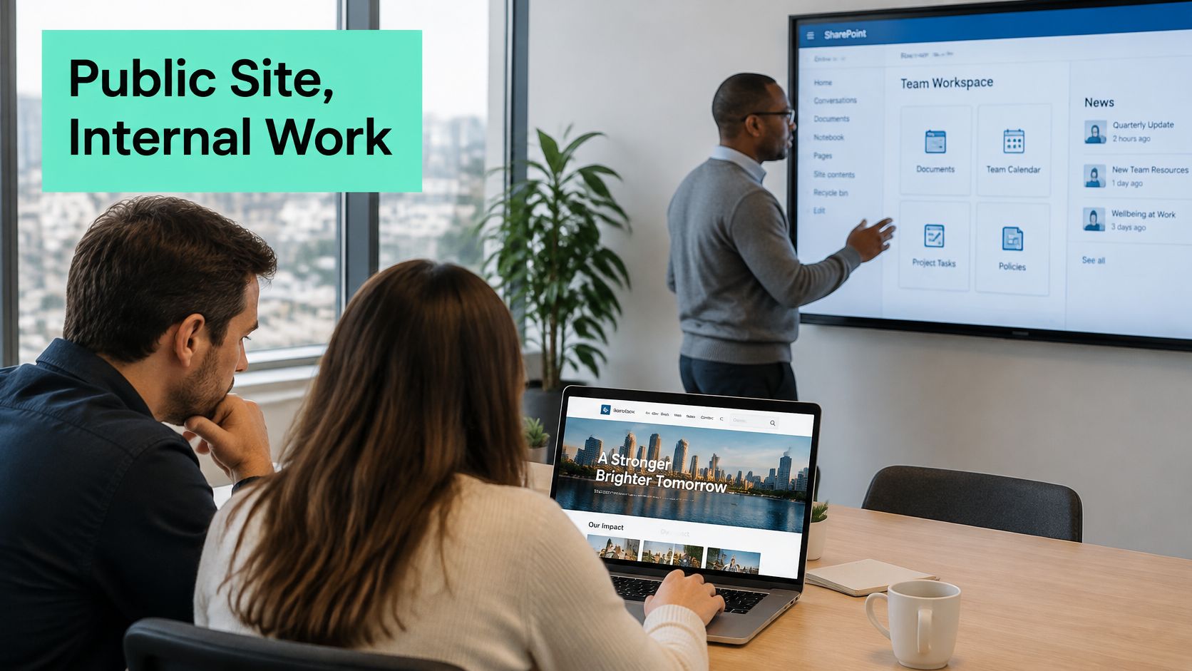 A professional team collaborating on a SharePoint workspace with a public website displayed on a laptop screen.