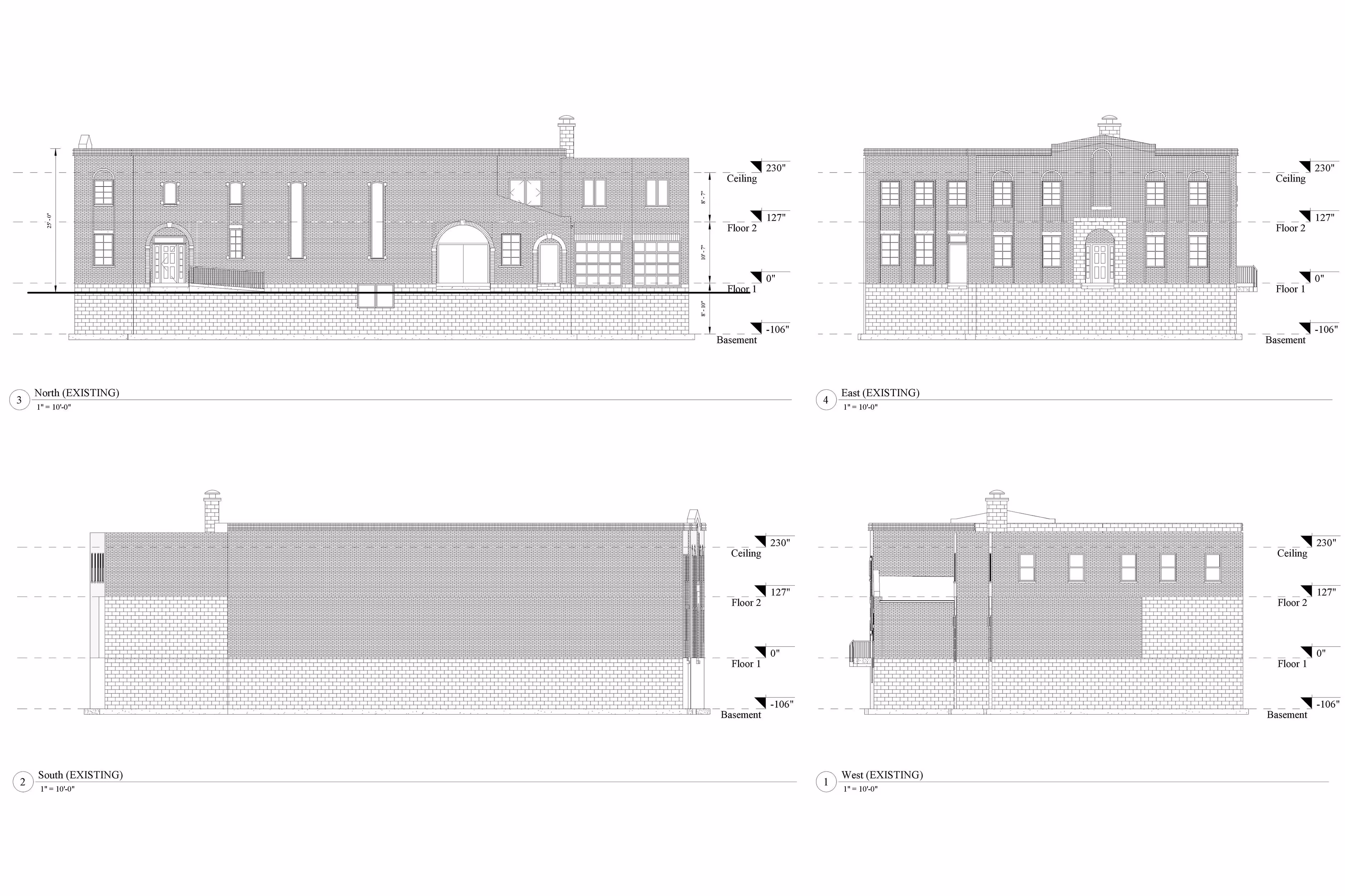 AutoCad drawings of 2D elevation models of the north, south, east, and west viewpoints of an industrial building.